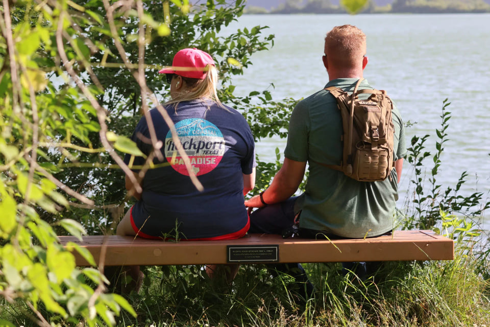 Luke and Lydia sitting on the bench at Eagle Creek